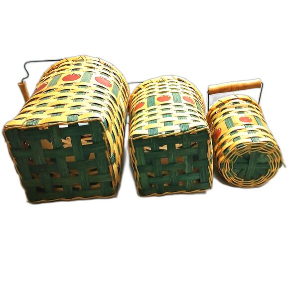 Set of 3 Hand Woven Rattan Wicker Apple Themed Baskets with Wood & Metal Handles - Picture 11 of 12